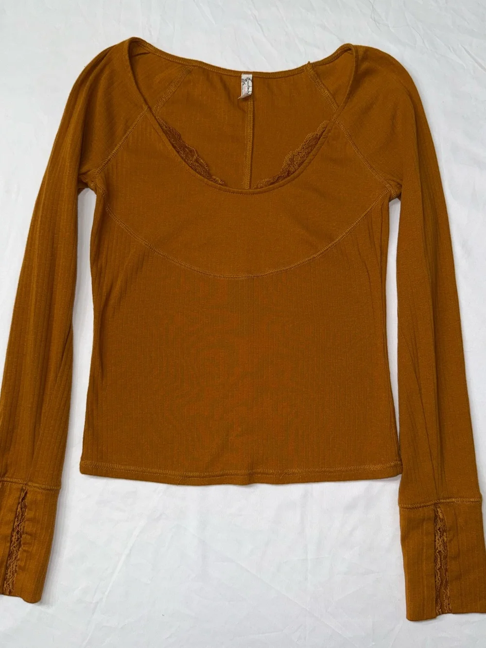 Free People Ribbed Scoop Lace-Trim Long Sleeve Top in burnt orange